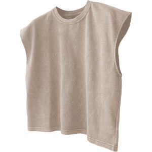 image:imageRoseSeek Mens Summer Washed Tank Tops Sleeveless Shirts Crewneck Cap Sleeve Top Vintage Muscle T ShirtsApricot Khaki