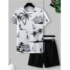 image:imageRoseSeek Mens 2 Piece Outfits Tropical Graphic Short Sleeve TShirt and Drawstring Waist Shorts SetsBlack and White