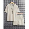 image:imageRoseSeek Mens Big and Tall 2 Piece Summer Outfits Textured Drop Shoulder T Shirt and Short Sets TracksuitApricot