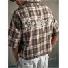 image:imageRoseSeek Mens Cropped Plaid Number Graphic Button Down Shirts Short Sleeve Retro Preppy Crop TopsKhaki Brown