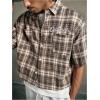 image:imageRoseSeek Mens Cropped Plaid Number Graphic Button Down Shirts Short Sleeve Retro Preppy Crop TopsKhaki Brown