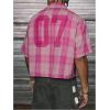image:imageRoseSeek Mens Cropped Plaid Number Graphic Button Down Shirts Short Sleeve Retro Preppy Crop TopsPink