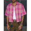 image:imageRoseSeek Mens Cropped Plaid Number Graphic Button Down Shirts Short Sleeve Retro Preppy Crop TopsPink