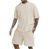 image:imageRoseSeek Mens Big and Tall 2 Piece Summer Outfits Textured Drop Shoulder T Shirt and Short Sets TracksuitApricot