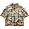 image:imageRoseSeek Mens Cropped Plaid Number Graphic Button Down Shirts Short Sleeve Retro Preppy Crop TopsYellow and Blue