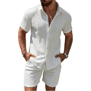 image:imageRoseSeek Mens 2 Piece Beach Vacation Outfits Short Sleeve Button Down Shirt and Shorts Clothing SetWhite