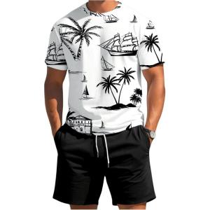 image:imageRoseSeek Mens 2 Piece Outfits Tropical Graphic Short Sleeve TShirt and Drawstring Waist Shorts SetsBlack and White