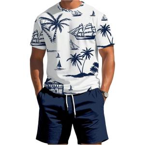 image:imageRoseSeek Mens 2 Piece Outfits Tropical Graphic Short Sleeve TShirt and Drawstring Waist Shorts SetsBlue White