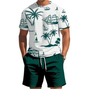 image:imageRoseSeek Mens 2 Piece Outfits Tropical Graphic Short Sleeve TShirt and Drawstring Waist Shorts SetsGreen White