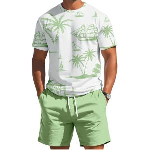 image:imageRoseSeek Mens 2 Piece Outfits Tropical Graphic Short Sleeve TShirt and Drawstring Waist Shorts SetsGreen and White