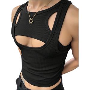 image:imageRoseSeek Mens 2 Piece Set Ribbed Knit Tank Top Fitted Cut Out Crop Tops Summer Undershirts Club WearBlack