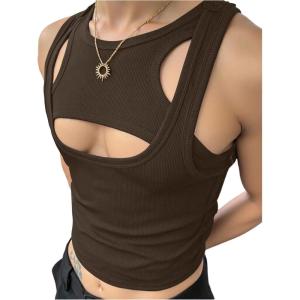 image:imageRoseSeek Mens 2 Piece Set Ribbed Knit Tank Top Fitted Cut Out Crop Tops Summer Undershirts Club WearCoffee Brown