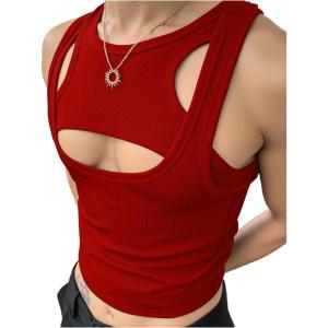 image:imageRoseSeek Mens 2 Piece Set Ribbed Knit Tank Top Fitted Cut Out Crop Tops Summer Undershirts Club WearRed