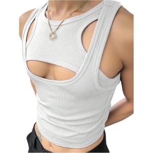 image:imageRoseSeek Mens 2 Piece Set Ribbed Knit Tank Top Fitted Cut Out Crop Tops Summer Undershirts Club WearWhite