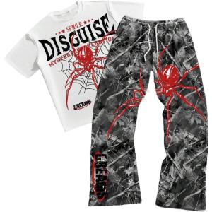 image:imageRoseSeek Mens 2 Piece Streetwear Outfits Letter Graphic Tees and Camo Print Pants Y2k OutfitsGrey
