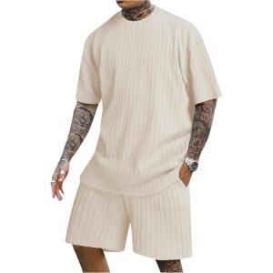 image:imageRoseSeek Mens Big and Tall 2 Piece Summer Outfits Textured Drop Shoulder T Shirt and Short Sets TracksuitApricot