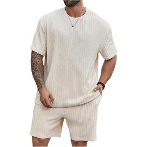 image:imageRoseSeek Mens Big and Tall 2 Piece Summer Outfits Textured Drop Shoulder T Shirt and Short Sets TracksuitPlus Apricot