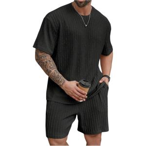 image:imageRoseSeek Mens Big and Tall 2 Piece Summer Outfits Textured Drop Shoulder T Shirt and Short Sets TracksuitPlus Black