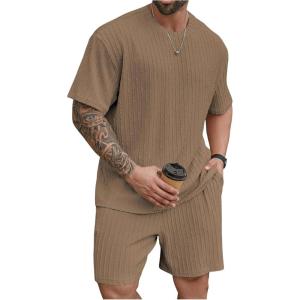 image:imageRoseSeek Mens Big and Tall 2 Piece Summer Outfits Textured Drop Shoulder T Shirt and Short Sets TracksuitPlus Khaki