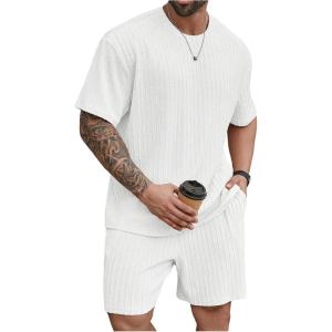 image:imageRoseSeek Mens Big and Tall 2 Piece Summer Outfits Textured Drop Shoulder T Shirt and Short Sets TracksuitPlus White
