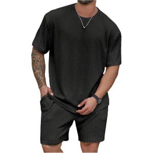 image:imageRoseSeek Mens Big and Tall 2 Piece Summer Outfits Textured Drop Shoulder T Shirt and Short Sets TracksuitSolid Black