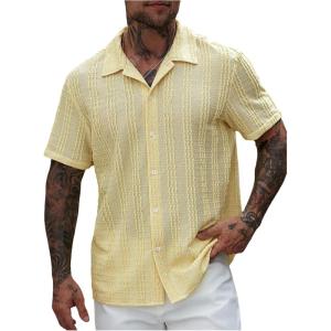 image:imageRoseSeek Mens Button Down Shirts Short Sleeve Textured Collared Casual Shirts Vacation Beach TopsYellow