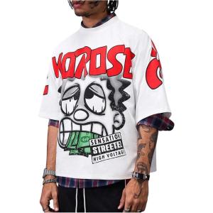 image:imageRoseSeek Mens Cartoon Graphic Tees Crew Neck Sleeve T Shirts Baggy Drop Shoulder Summer Tops StreetwearWhite and Letter Red