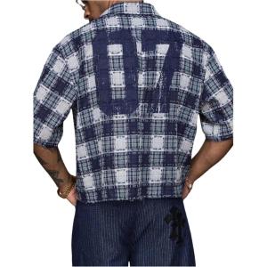 image:imageRoseSeek Mens Cropped Plaid Number Graphic Button Down Shirts Short Sleeve Retro Preppy Crop TopsBlue