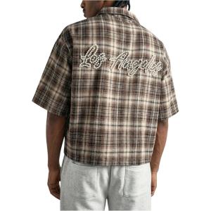 image:imageRoseSeek Mens Cropped Plaid Number Graphic Button Down Shirts Short Sleeve Retro Preppy Crop TopsKhaki Brown