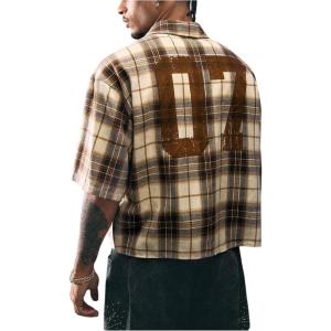 image:imageRoseSeek Mens Cropped Plaid Number Graphic Button Down Shirts Short Sleeve Retro Preppy Crop TopsMulticolor