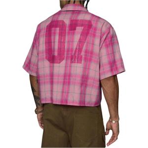image:imageRoseSeek Mens Cropped Plaid Number Graphic Button Down Shirts Short Sleeve Retro Preppy Crop TopsPink