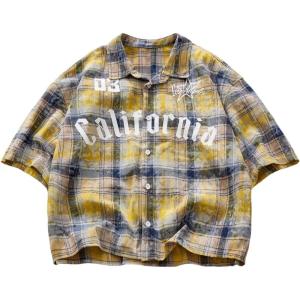 image:imageRoseSeek Mens Cropped Plaid Number Graphic Button Down Shirts Short Sleeve Retro Preppy Crop TopsYellow and Blue