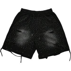 image:imageRoseSeek Mens Glitter Rhinestone Ripped Shorts Drawstring Waist Wide Leg Party Shorts with PocketsBlack