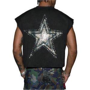 image:imageRoseSeek Mens Glitter Rhinestone Shirt Star Tank Top Crewneck Cap Sleeve Vest Tops StreetwearBlack