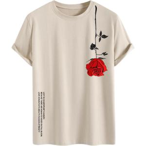 image:imageRoseSeek Mens Graphic Tees Floral Print Short Sleeve Crew Neck Vintage Tee Shirt Casual Summer Tee TopsKhaki