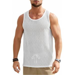 image:imageRoseSeek Mens Hollow Out Knit Tank Tops Crew Neck Sleeveless Tops Sports Streetwear Summer OutfitsWhite