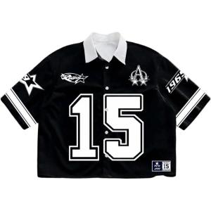 image:imageRoseSeek Mens Retro Button Down Jersey Shirts Number Graphic Collared Baseball Shirt Short Sleeve StreetwearBlack