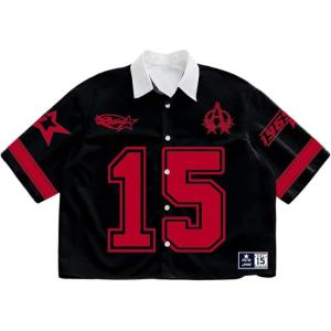 image:imageRoseSeek Mens Retro Button Down Jersey Shirts Number Graphic Collared Baseball Shirt Short Sleeve StreetwearBlack and Red