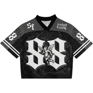 image:imageRoseSeek Mens Retro Y2k Mesh Jersey Shirts V Neck Number Graphic Tees Half Sleeve Baggy T Shirt StreetwearBlack and White