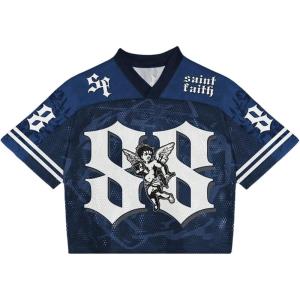 image:imageRoseSeek Mens Retro Y2k Mesh Jersey Shirts V Neck Number Graphic Tees Half Sleeve Baggy T Shirt StreetwearBlue
