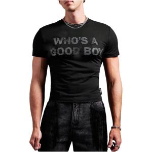 image:imageRoseSeek Mens Rhinestone Letter Y2K T Shirts Short Sleeve Crew Neck Fitted Tee Tops Summer TopBlack