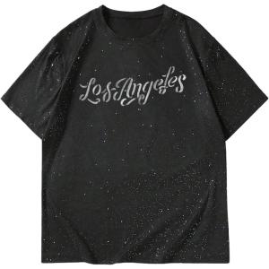 image:imageRoseSeek Mens Rhinestone T Shirts Glitter Crewneck Short Sleeve Casual Summer Tops Tee ShirtLetter Black