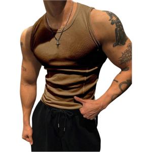 image:imageRoseSeek Mens Ribbed Sleeveless Tank Tops Crew Neck Slim Fit Gym Work Tank Undershirts Summer TopsBrown