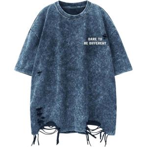 image:imageRoseSeek Mens Ripped Distressed Graphic Tees Short Sleeve Crew Neck Letter T Shirts Washed StreetwearBlue