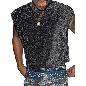 image:imageRoseSeek Mens Sequin Tank Top Glitter Crew Neck Sleeveless Tops Party Club Vest Rave Outfits StreetwearBlack