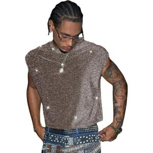 image:imageRoseSeek Mens Sequin Tank Top Glitter Crew Neck Sleeveless Tops Party Club Vest Rave Outfits StreetwearDark Beige