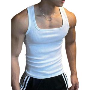 image:imageRoseSeek Mens Sleeveless Tank Tops Square Neck Ribbed Knit Slim Fit Basic Gym Workout Tank UndershirtsWhite