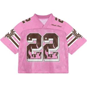 image:imageRoseSeek Mens Y2K Mesh Jersey Shirts V Neck Half Sleeve Number Graphic Tees Color Block Sport T ShirtNumber Pink