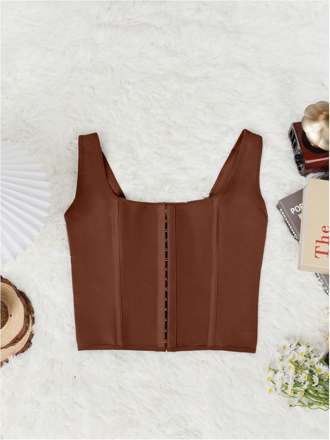 image:imageRoseSeek Womens Y2K Vintage Lace Up Back Square Neck Corset Tank Top Western Cowgirl Outfits Overbust Top Boned BodyshaperBrown