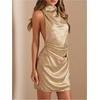 image:imageRoseSeek Womens Metallic Halter Mini Dress Ruched Front Backless Bodycon Dress Elegant DressesGold